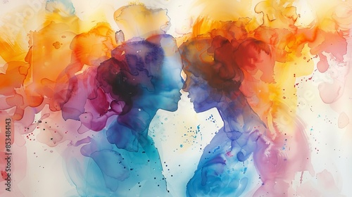 Watercolor art of merging relationships, two lovers becoming one, vibrant and soft hues, emotional and abstract depiction