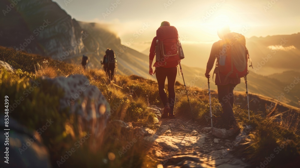 Obraz premium Group of hikers walking on a mountain trail at sunset, surrounded by scenic views and glowing sunlight.