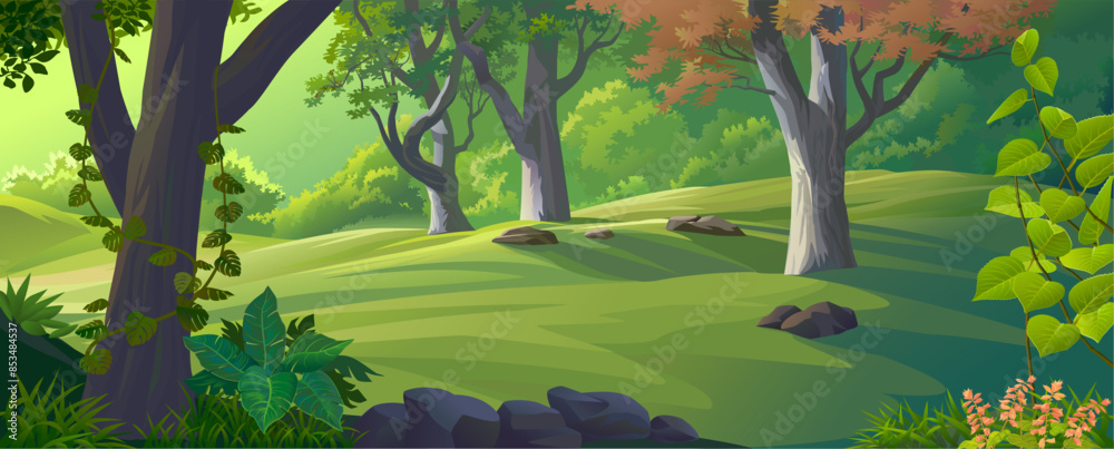 Fototapeta premium Green forest with trees, plants rocks and bright background.