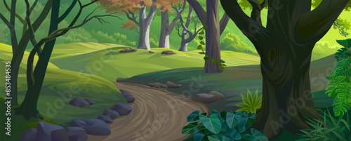 The road is in the middle of the lush green jungle with foliage, creepers, and meadows.