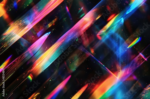 Black background with blurry rainbow prismatic light streaks in the foreground