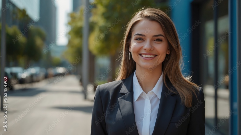Portrait of young beautiful successful businesswoman in business suit smiling and looking at camera, outside office building, female worker in glasses with crossed arms Portrait of young beautiful successful businesswoman in business suit smiling and looking at camera, outside office building, female worker in glasses with crossed arms