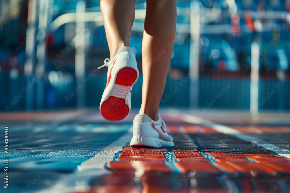 Fototapeta premium Close up of a woman's legs in white and red running shoes on a sports track, viewed from the ground. A woman runner training at an outdoor fitness area with a jumping pit. 