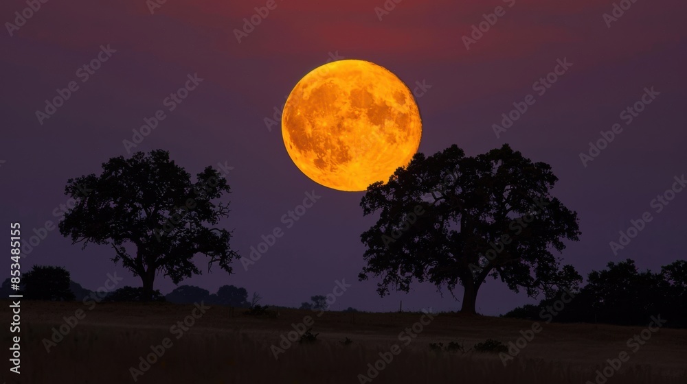 An orange moon rising behind the silhouettes of trees, creating a dramatic twilight scene with a darkening sky. An orange moon rising behind the silhouettes of trees, creating a dramatic twilight scene with a darkening sky.