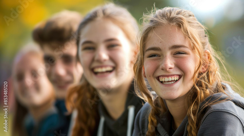 A group of happy teenagers smiling and enjoying time together outdoors, radiating youthful energy and friendship.