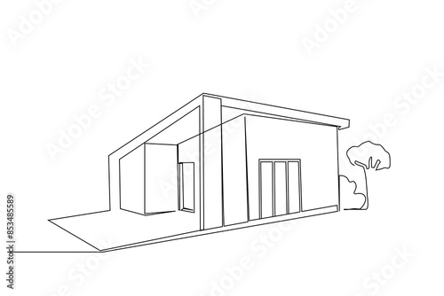 modern house with garden architecture building model one line art design vector