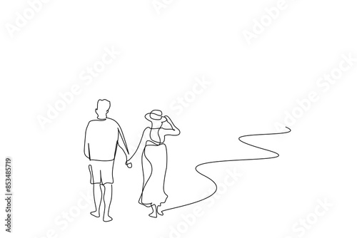 couple in love holiday beach walk together holding hands happy life one line art design vector