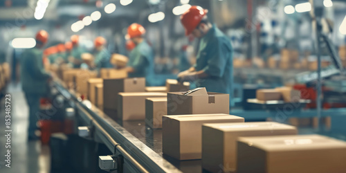 A factory workers packaging products on an assembly line, with boxes and packing materials