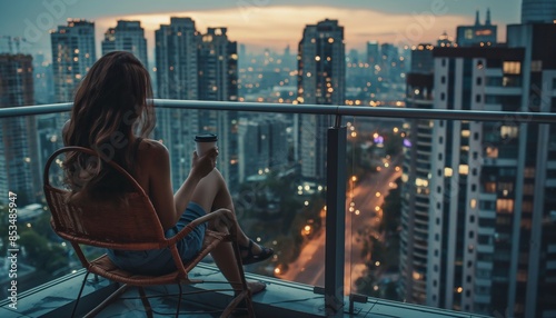 A woman sits in a lounge chair on the balcony of her apartment, enjoying the view of the busy city with a cup of coffee