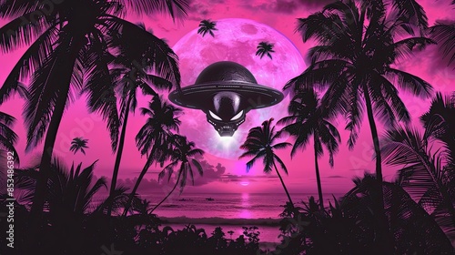 an image of a alien with ufo, with palm trees and a sunset, in the style of neon color palette, tanbi kei, toonami, light black and magenta, eastern and western fusion, punk rock aesthetic photo