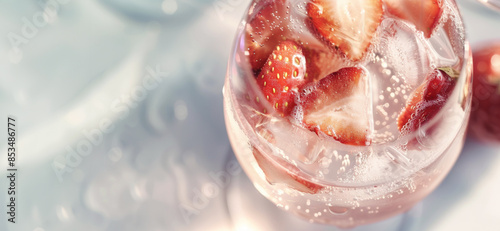 A close-up photograph of a low-ABV spritz, featuring a glass filled with a light pink drink made with sparkling water, fresh strawberries, and a hint of rose wine. photo