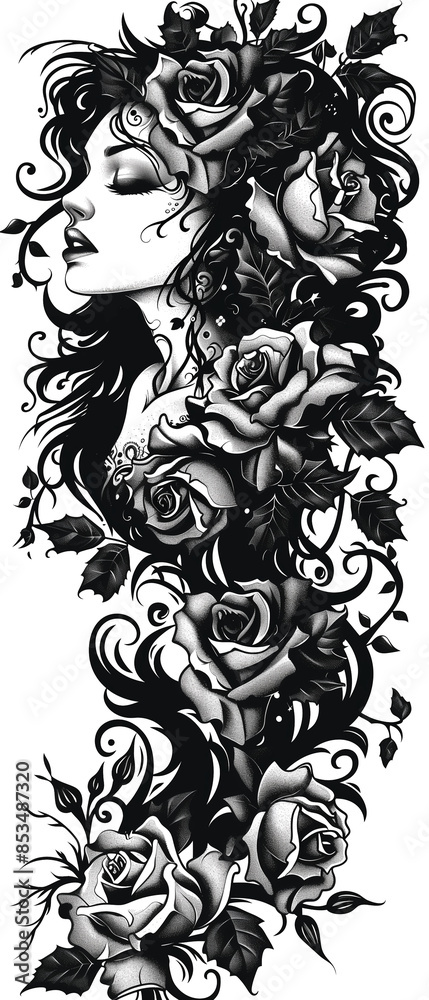 Fototapeta premium A woman with long hair and roses on her back
