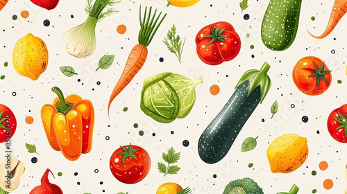 Seamless Pattern of Fresh Vegetables in Vibrant Colors - Tomatoes, Zucchini, Carrots, and More