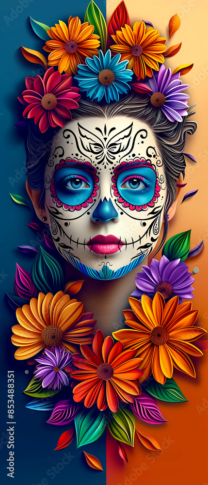 A woman's face is painted with flowers and skulls. The flowers are in various colors and the skull is blue. The painting has a colorful and vibrant feel to it, with the flowers