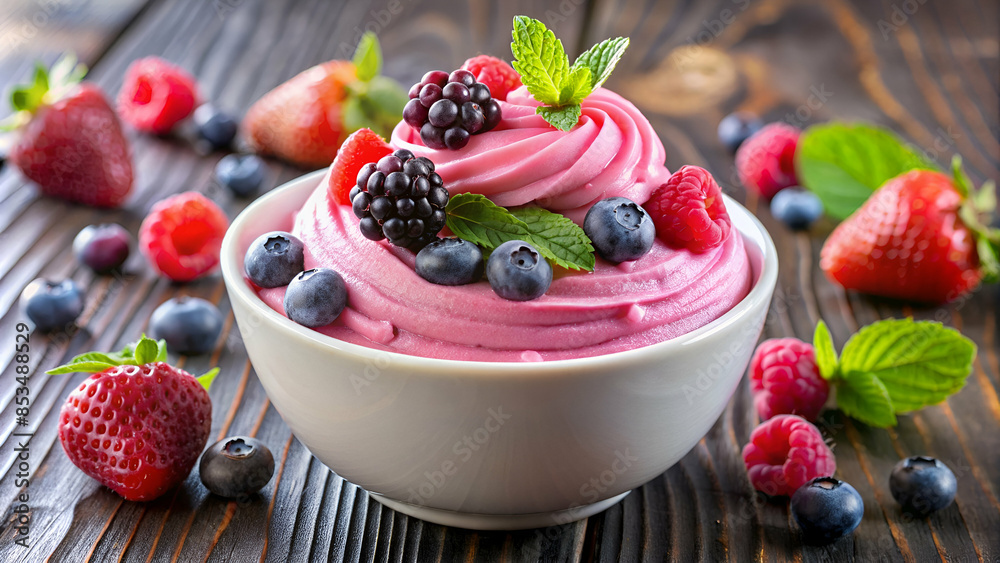 pink frozen yogurt topped with fresh raspberries, blackberries, and blueberries pink frozen yogurt topped with fresh raspberries, blackberries, and blueberries