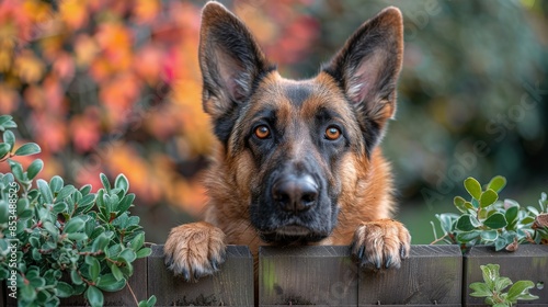 a german shephard dog looking over a fence photo