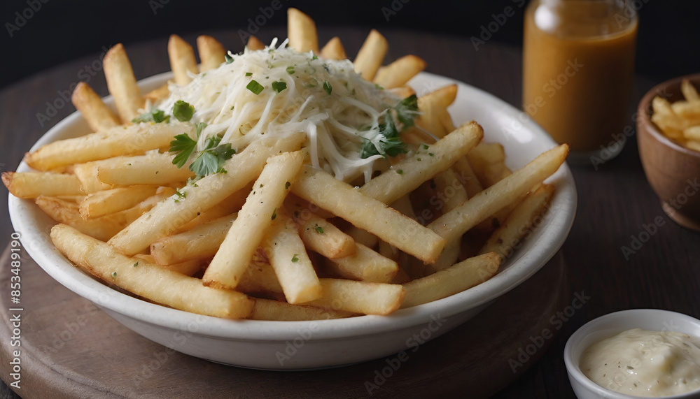 a plate of fries with garlic and parmesan on it a plate of fries with garlic and parmesan on it