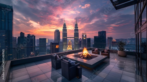Vibrant Sunset and Night Sky Over Kuala Lumpur's Skyline with Fire Pits on Observation Deck photo