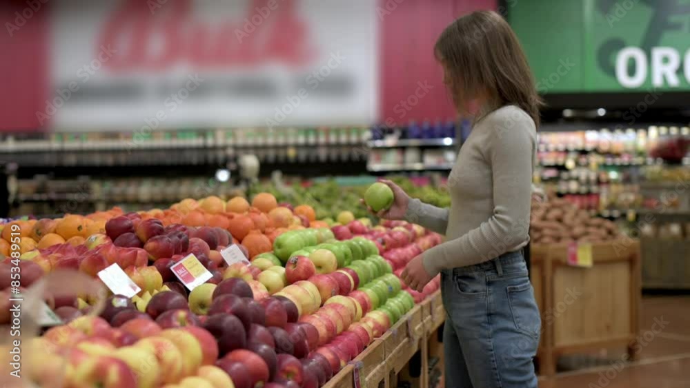 A woman in casual attire inspects apples in the produce section of a grocery store. The colorful display of fruits creates a vibrant shopping environment. A woman in casual attire inspects apples in the produce section of a grocery store. The colorful display of fruits creates a vibrant shopping environment.