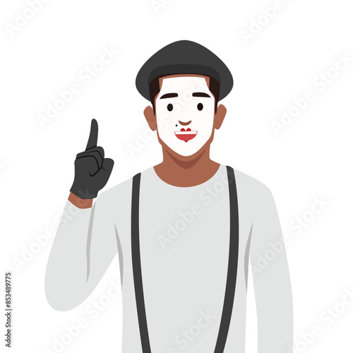 Young mime shows a full length pantomime pointing his finger up. Flat vector illustration isolated on white background