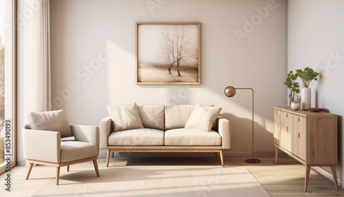 Bright living room interior with large windows white walls wooden furniture and a large painting of a tree