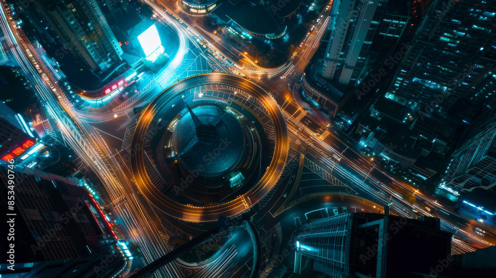 top view , night , roundabout interchange of a city, Expressway is an important infrastructure top view , night , roundabout interchange of a city, Expressway is an important infrastructure