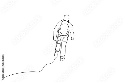 man person nature backpack nike climbing lifestyle one line art design vector