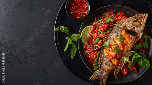 Pla Rad Prik fried fish with chili sauce, crispy and spicy, garnished with herbs, space for text on top, Photorealistic, High Resolution