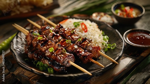 Moo Ping grilled pork skewers, charred and juicy, served with sticky rice, space for text on bottom, Photorealistic, High Resolution