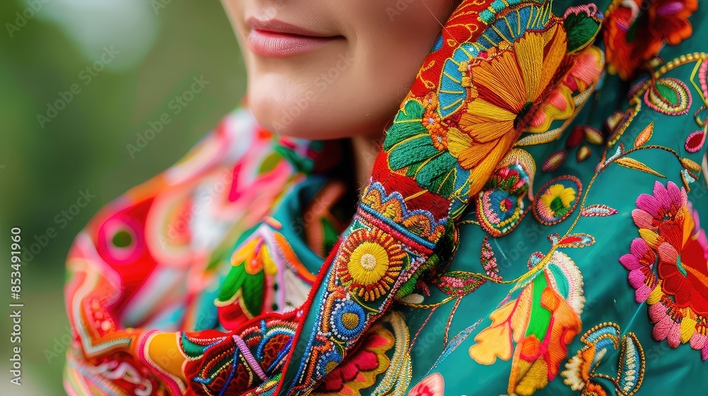 Fototapeta premium Close-up of a woman in a traditional Russian sarafan, detailed embroidery, pop art style, vibrant colors, space for text on the left,
