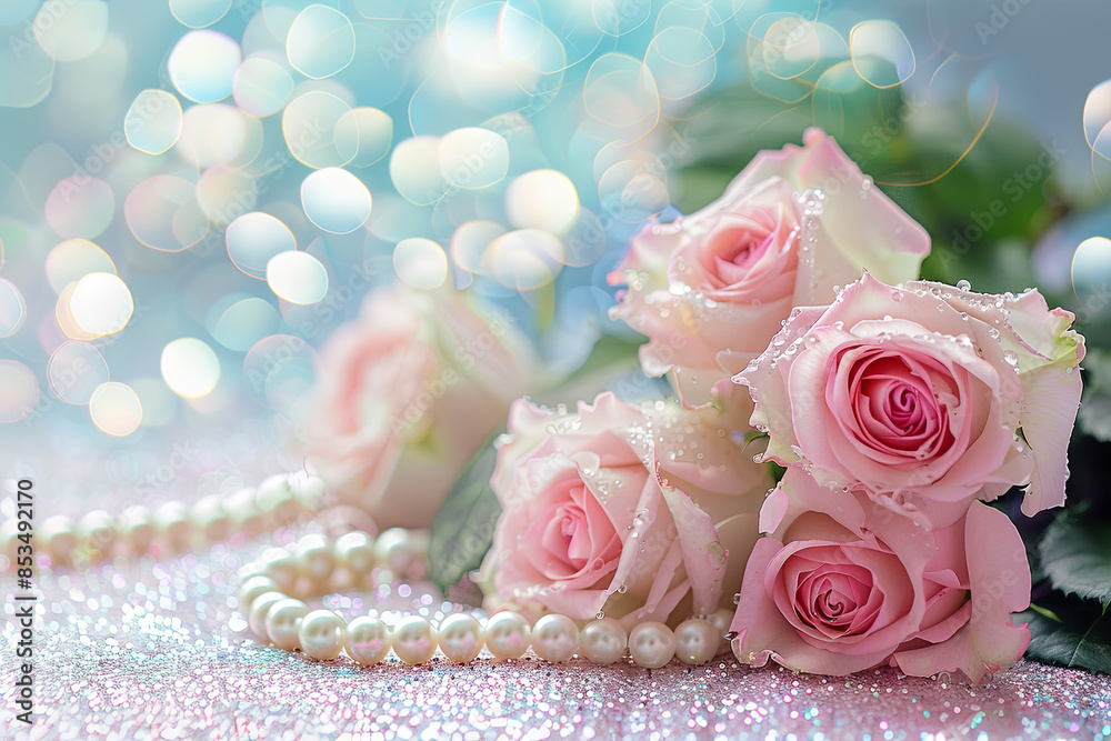 Pink roses bouquet and pearls on abstract pastel background with bokeh glitter Pink roses bouquet and pearls on abstract pastel background with bokeh glitter