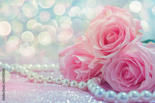 Pink roses bouquet and pearls on abstract pastel background with bokeh glitter