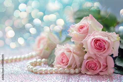 Fototapeta Naklejka Na Ścianę i Meble -  Pink roses bouquet and pearls on abstract pastel background with bokeh glitter
