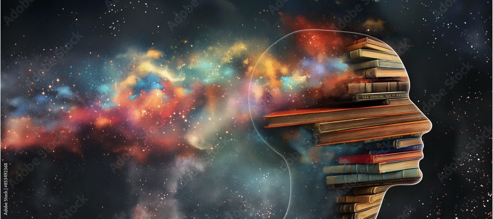 A human head profile filled with books and galaxies, symbolizing the vast knowledge created through reading. A human head profile filled with books and galaxies, symbolizing the vast knowledge created through reading.