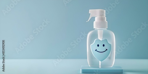 Protective Tooth Mouthwash Bottle with Smiling Faces and Open Eyes. Concept Dental Care, Mouthwash Bottle, Smiling Faces, Protective Tooth, Open Eyes photo