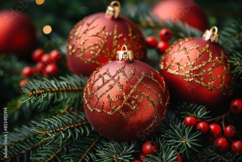 christmas background with decorated red xmas balls and green twigs