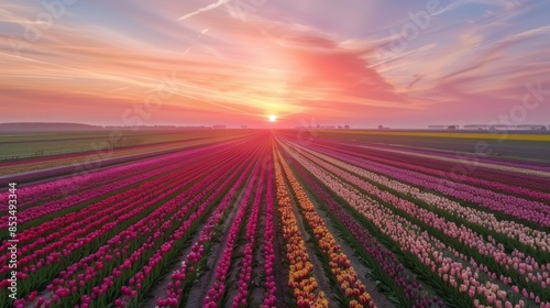 a field of tulips with a sunset in the background