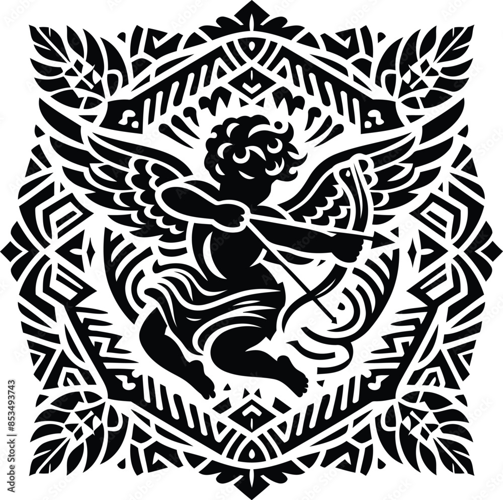 cupid silhouete with Polynesian ethnic pattern illustration cupid silhouete with Polynesian ethnic pattern illustration