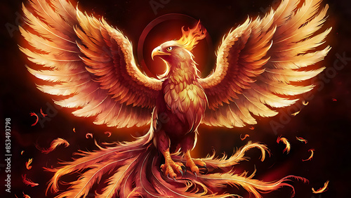 Phoenix bird fire fantasy firebird abstract magic 3D eagle animal. Phoenix bird fire tale character illustration render hawk fairy wings graphic feather gold background fenix logo icon red art pheonix