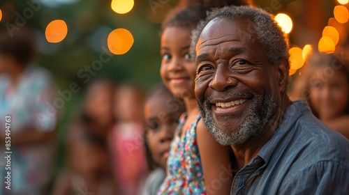 Happy senior man smiling with children in the background.