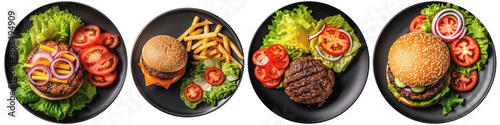 American hamburger with salad and tomato on a plate, top view