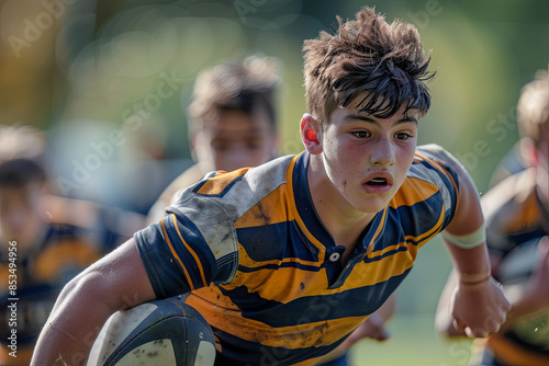 Young rugby players in action during a competitive championship match