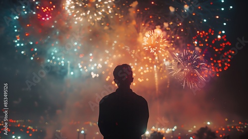 Silhouette of a person watching a vibrant fireworks display in the night sky.