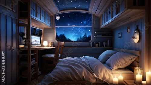 An adorable little home loft bedroom with plenty of sunlight and a starlight for stargazing photo