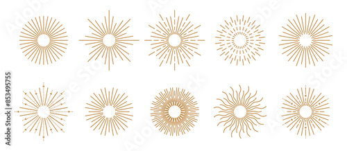 Boho sun logo. Bohemian symbol bursting sun rays. Magic talisman, antique style, boho, tattoo. Geometric abstract design elements for decoration