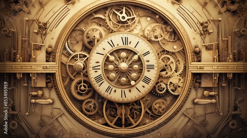 A steampunk-inspired mechanical clock with intricate gears, Steampunk, Sepia tones, Illustration, detailed, vintage feel