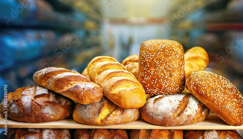 焼きたてパン。ベーカリーに並ぶパン。Freshly baked bread. Bread lined up in a bakery. photo