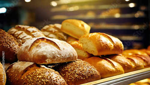 焼きたてパン。ベーカリーに並ぶパン。Freshly baked bread. Bread lined up in a bakery. photo