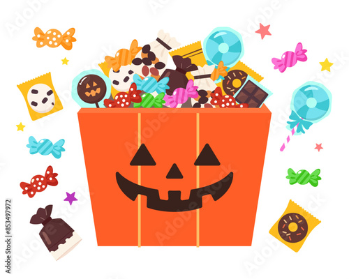 ハロウィンのお菓子がたくさん入ったカボチャの箱のかわいいイラスト