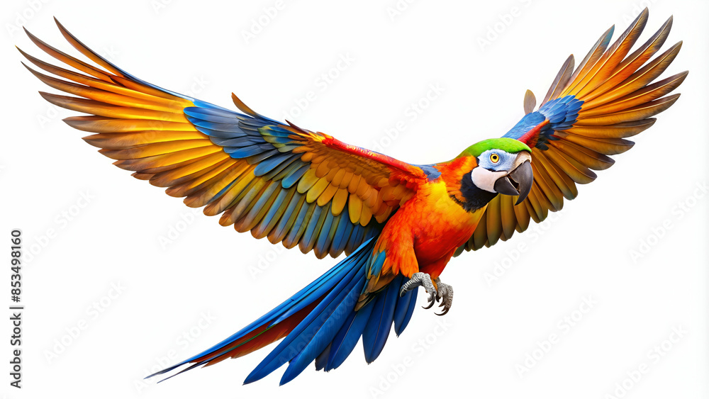 Fototapeta premium Colorful flying Catalina Macaw parrot isolated on white background